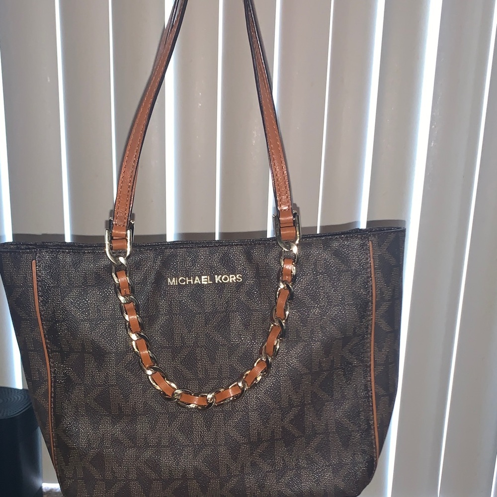 Michael Kors Brown Logo Chain-Accent Tote